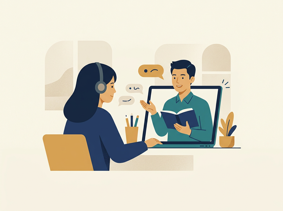화면 속 선생님과 일대일로 공부하는 학생 일러스트