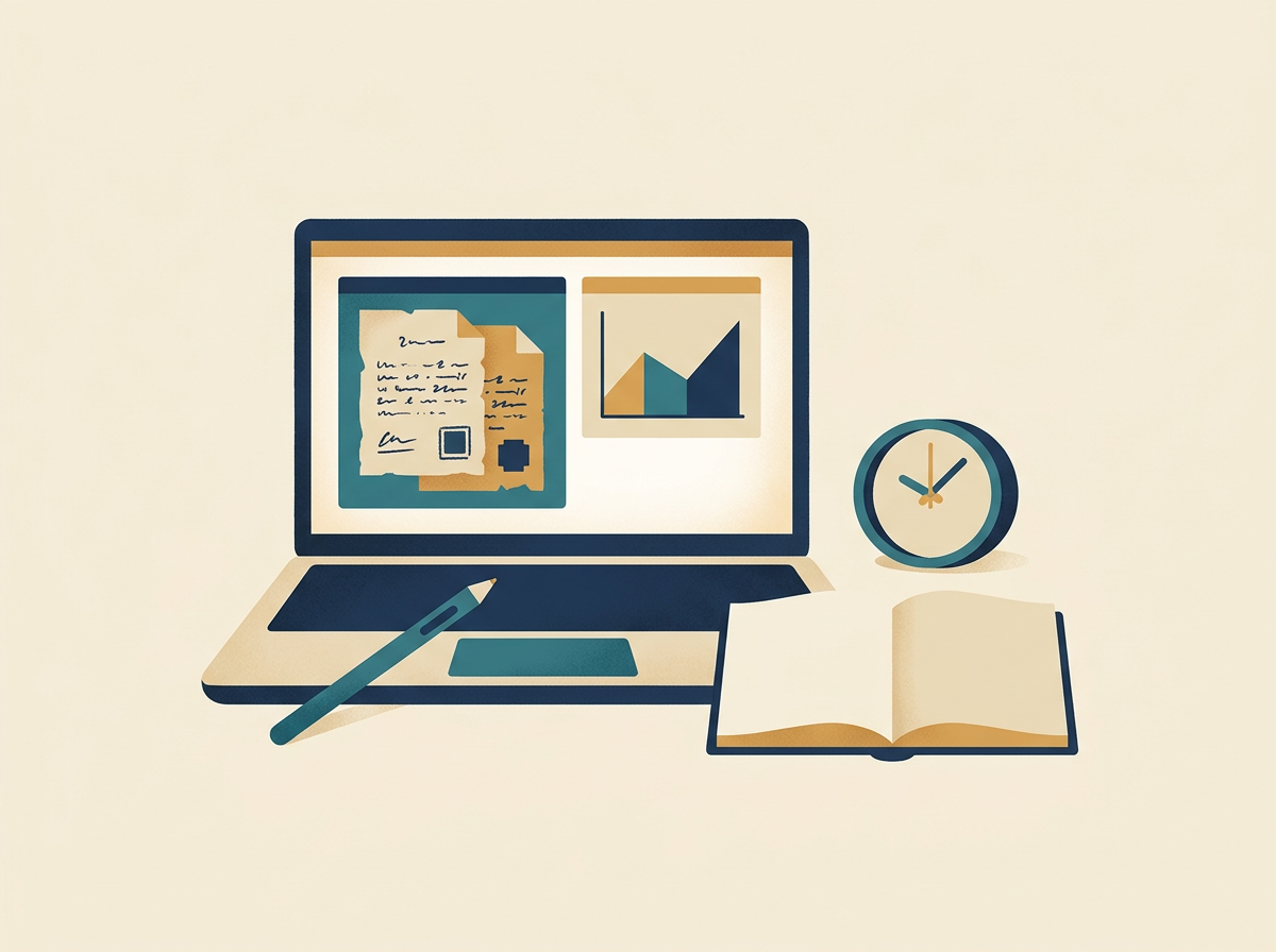 화면 공유 자료와 시계·교재를 함께 배치한 일러스트